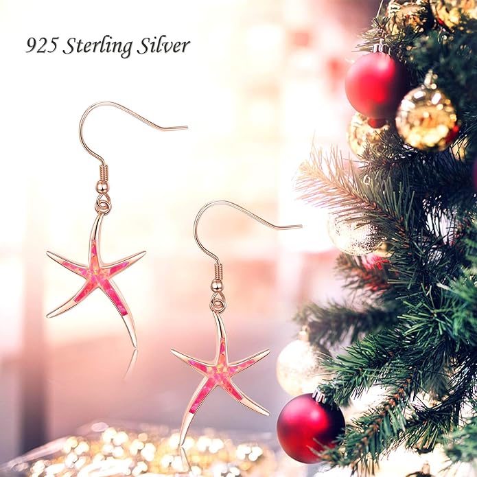 925 Sterling Silver Starfish Earrings With Opal Fish Hoops, Nautical Hawaiian Sea Beach Jewelry for Women and Starfish Lovers