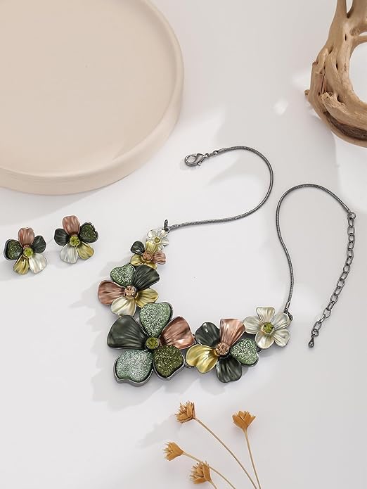 Chunky Statement Jewelry Set Vintage Retro Leaf Flower Floral Geometric Bohemian Boho Bib Necklace Earring Set Fashion Costume Jewelry for Women Girls Wedding Party Prom Unique Gift