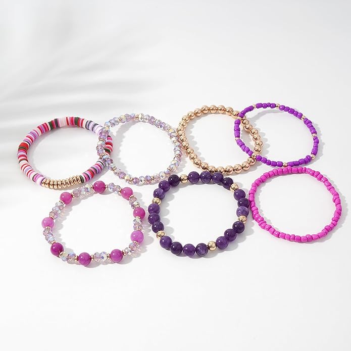 GOOJIDS Surfer Heishi Clay Bead Bracelets for Women Bohemian Stackable Gold Plated Beaded Stretch Bracelets Elastic Layering Friendship Bracelets Set Boho Jewelry