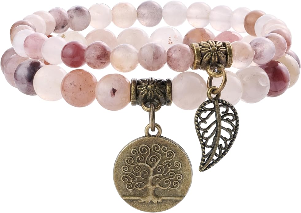Bivei Natural Semi Precious Gemstone beads bracelet for women - Life Tree and Leaf Charm Energy Reiki Crystal Stretch Bracelets