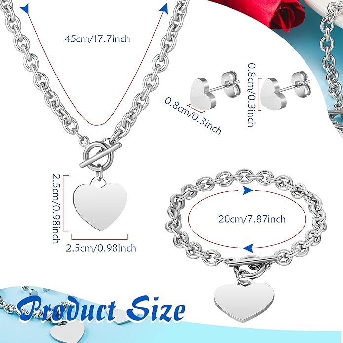 Bucherry 3 Pcs Heart Jewelry Set Bow Snowflake Jewelry Heart Pendant Chain Toggle Necklace with Bracelet Earrings Snowflake Stainless Steel Link Chain for Women Gift