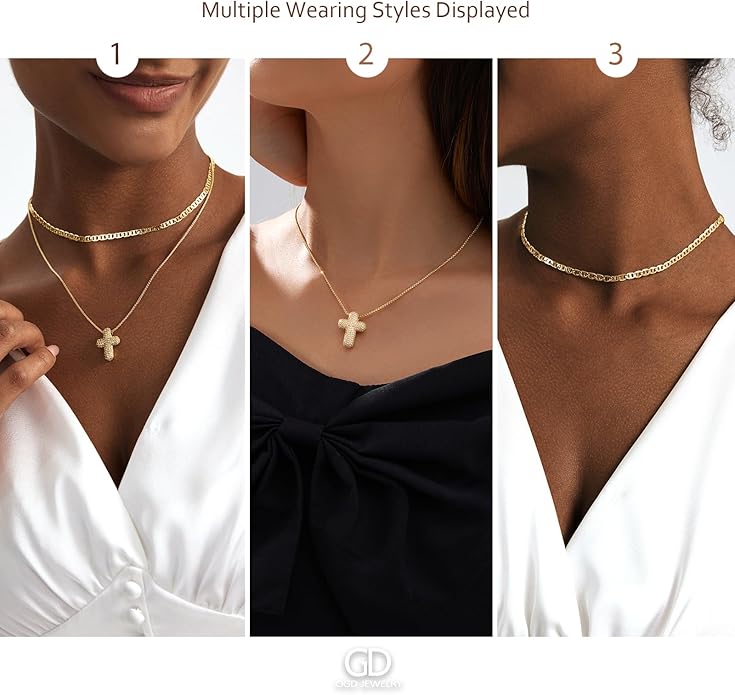 OGD Bubble Cross Necklace for Women 14k Gold Plated Cross Necklace Stackable Dainty Gold Necklace Mariner Chain Necklace CZ Cross Pendant Necklaces Set Simple Jewelry Gift