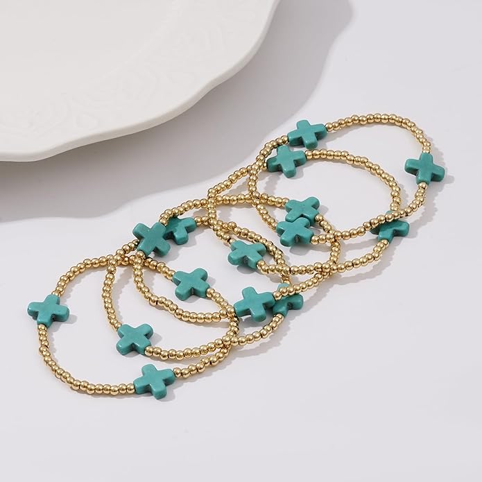 Gold Plated Beaded Bracelets for Women Trendy, 14K Gold Plated Stack Cross Pearl Gold Plated Bead Stretch Bracelets Set Elastic Hypoallergenic Bracelets Jewelry Gifts