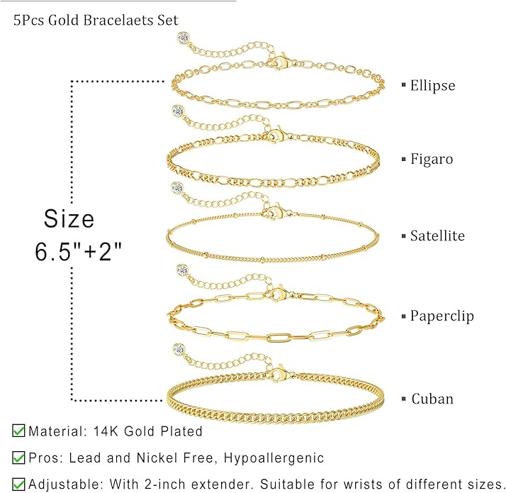 DEARMAY Gold Bracelets for Women Waterproof, 14K Gold Plated Jewelry Sets Trendy Thin Dainty Stackable Cuban Link Paperclip Chain Bracelet Pack Fashion Accessories Gifts for Womens