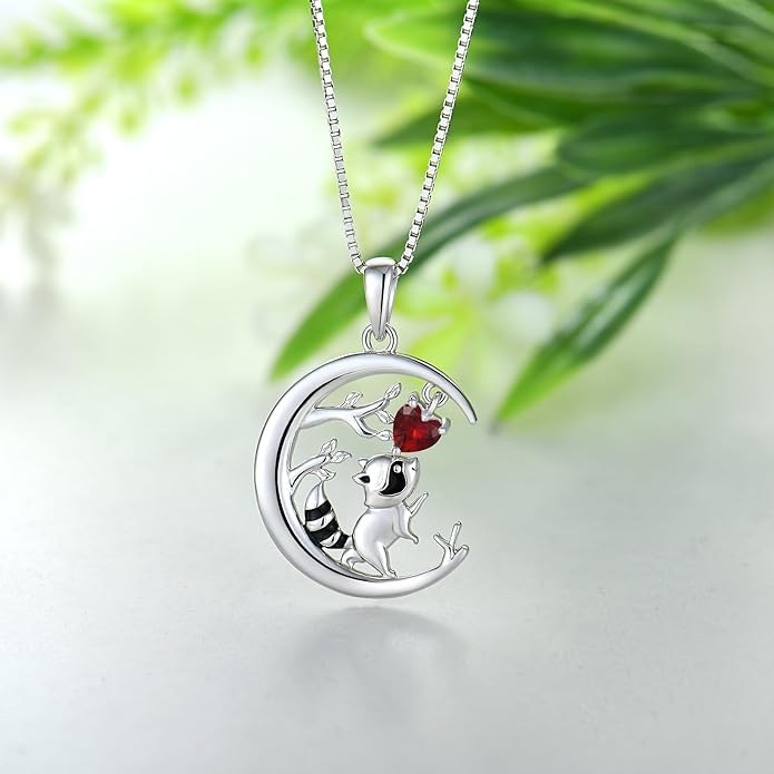 STARCHENIE Raccoon Necklace 925 Sterling Silver Heart Birthstone Pendant Cute Animal Jewelry for Women