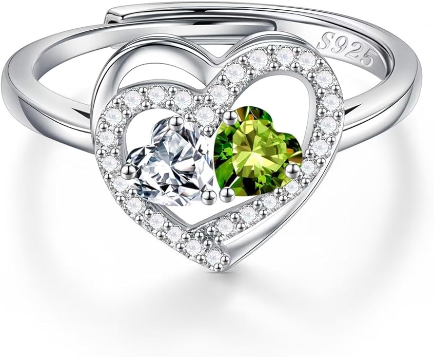 Iefil Adjustable Ring for Women - 925 Sterling Silver Double Birthstone Rings, Anniversary Birthday Gifts for Women Wife Her