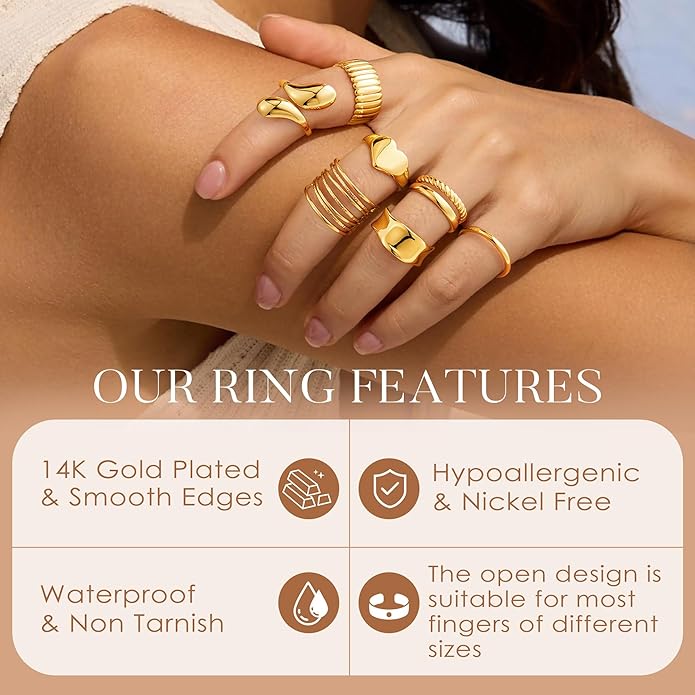 YOOSTEEL Valentines Day Gifts for Her Womens Chunky Gold Rings - 12 PCS Hypoallergenic 14K Gold Plated Thick Stackable Open Rings for Women Non Tarnish Dainty Gold Adjustable Ring Stack Set Trendy Jewelry
