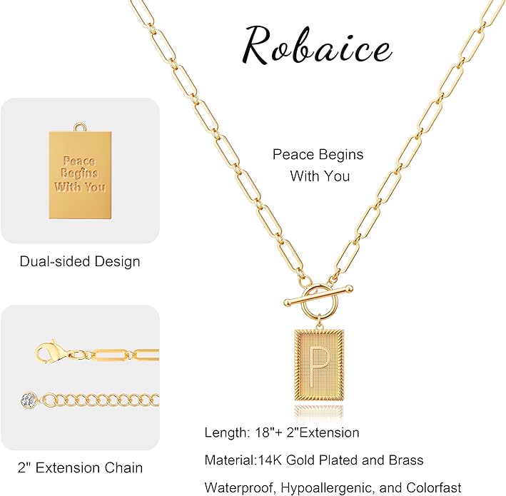 14K Gold Plated Initial Letter Necklace for Women, Personalized Alphabet Pendant with Inspirational Engraving, Paperclip Chain Non-Tarnish Jewelry Gift for Her