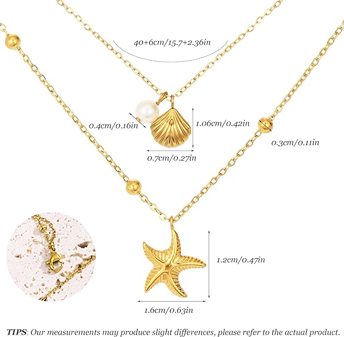 Gold Sea Shell Necklace Layered Charm Necklace for Women Boho Summer Seashell Beach Starfish Necklaces 14k Pearl Chain Surfer Jewelry Beach Vacation Essentials