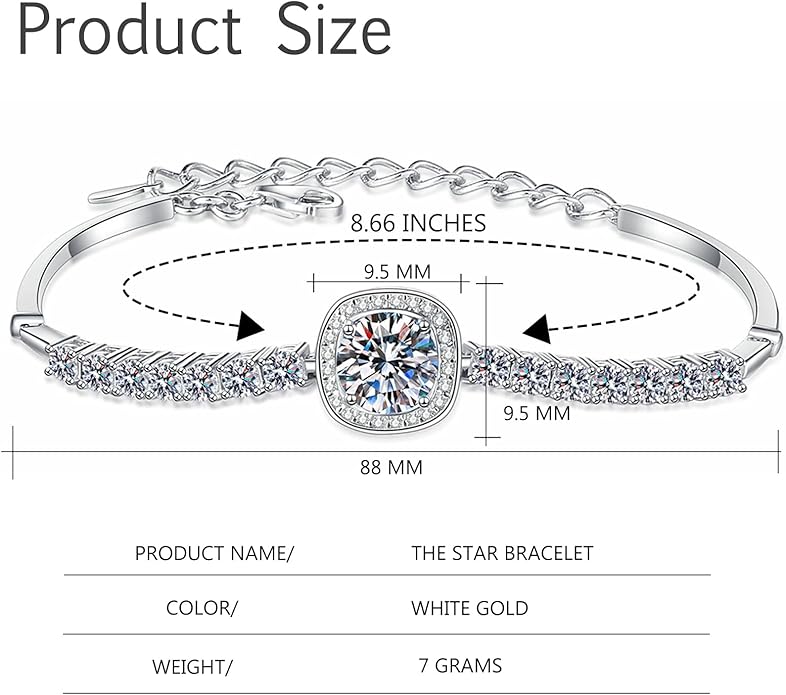 14K White Gold Over S925 Sterling Silver 2.4ct VS1 D-color Round/Square Cut Diamond Adjustable Bracelet for Women, Simple and Stylish Design with Full Shinning Gemstone Encrusted Detail