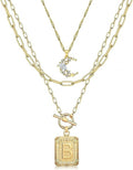 MJartoria Layered Initial Necklaces for Women Trendy, 14K Gold Plated Brass Simple Moon Choker Square Letter Pendant Necklace, Paperclip Chain Necklaces Jewelry Gifts