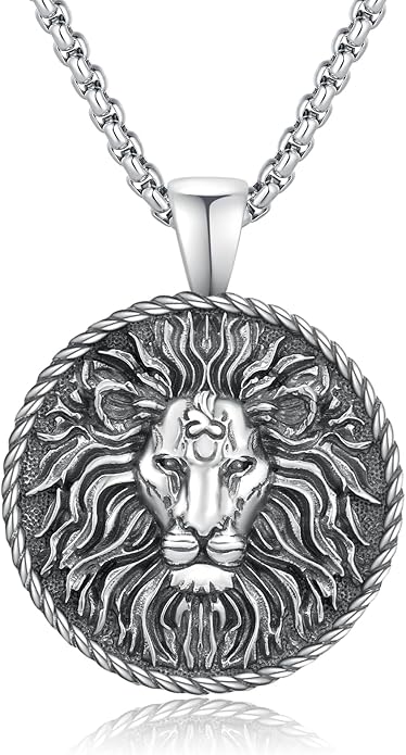 Cuoka Lion Necklace for Men Women S925 Sterling Silver King Retro Punk Gothic Hip Hop Rock Animal Lion Head Pendant Charm Jewelry Chain Necklace Viking Protection Amulet Necklaces