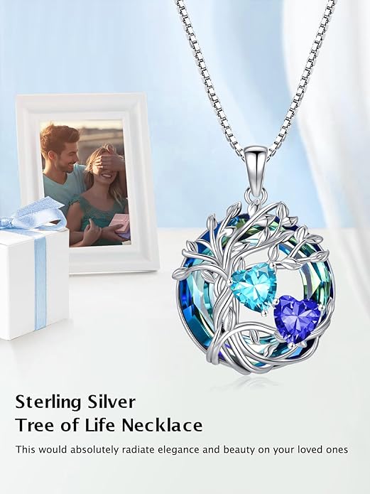 TOUPOP s925 Sterling Silver Family Celtic Tree of Life Pendant Necklaces with 2 Heart Birthstone with Blue Austrian Crystal Jewelry Birthday Valentines Day Gifts for Her, Anniversary Christmas Gifts for Wife Girlfriend Mom (18K Real White Gold Filled)
