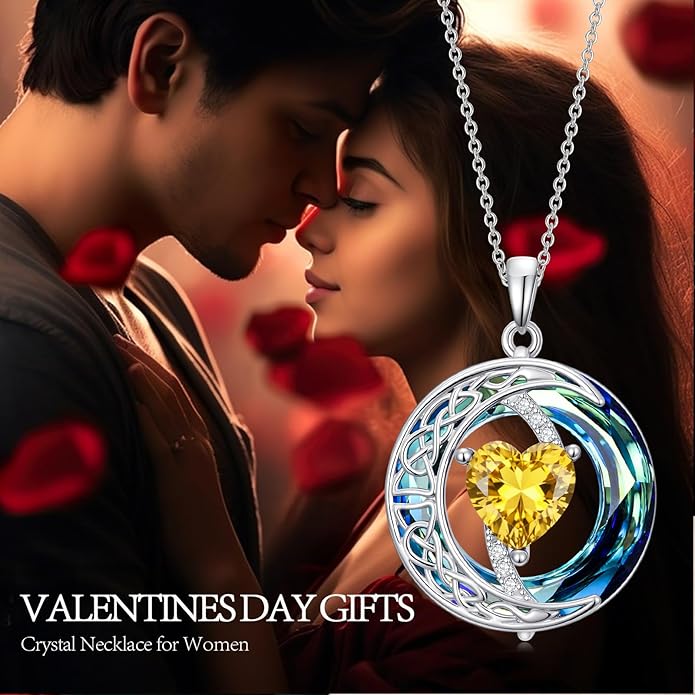 Valentines Day Gifts for Women, Birthstone Necklace for Women, Celtic Moon Pendant Blue Crystal Necklace Heart Jewelry Anniversary Jewelry Gift for Daughter Wife Mother Sister