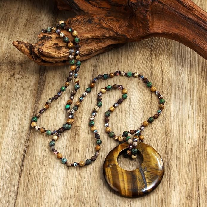 Yomisa Boho Necklaces for Women Men Long,33/34/35 Inch Natural Turquoise Tiger Eye Beaded Stone Pendant Necklaces for Women Trendy,Handmade Bohemian Western Bead Necklace Fashion Charm Jewelry Gift