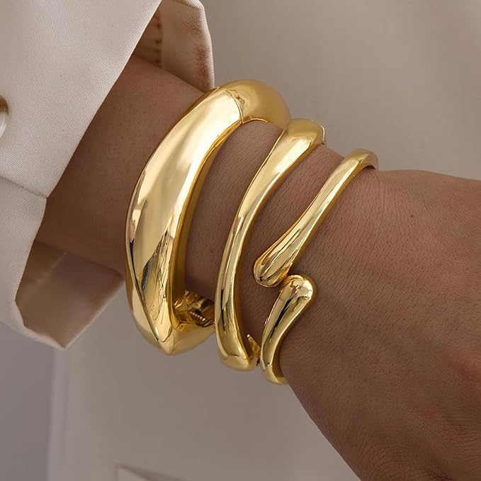 Chunky Gold Bangles Bracelets Earrings Set For Women, Statement Coordination of Twisted Hinged Stackable Bangle Bracelet and Chunky Earrings, Ideal Jewelry Gifts 18K Gold Plated