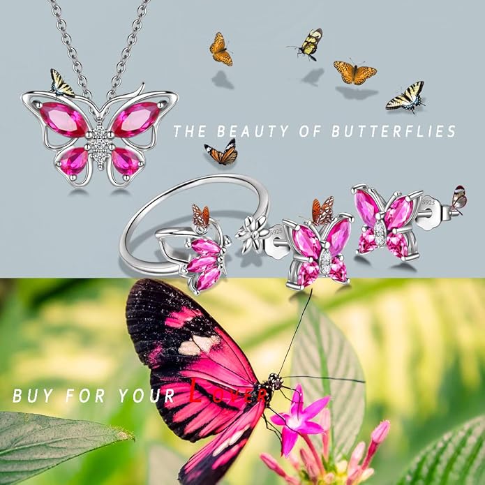 925 Sterling Silver Birthstone Butterfly Jewelry Women Crystal Animal Cute Butterflies Birthday Necklace/Earring/Ring/Bracelet Sets Birth Stone Statement Anniversary Jewellery