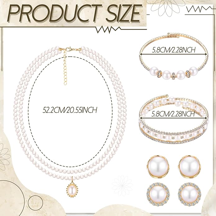 Glenmal Pearl Rhinestone Jewelry Set for Women Pearl Necklace Bracelet Earrings for Wedding Birthday Bridal Shower Tea Party