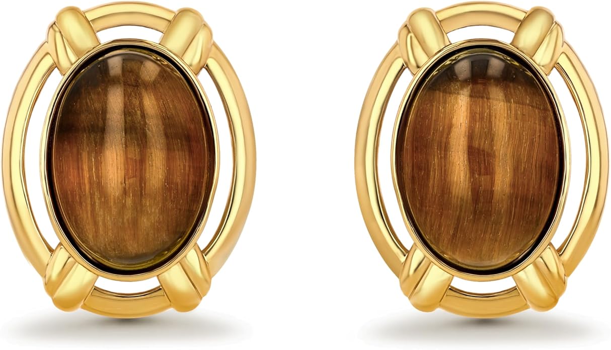 Large Oval Button Chunky 18K gold plated Tiger Eye Gemstone Statement Earrings for Women by SNGIA, Big Brown Amber Bold Handmade Exaggerated Dome Retro Rounded Button Half Ball Trendy Bohemian Jewelry Gifts, Unique Baroque Stone Summer Beach Fashion Ea...
