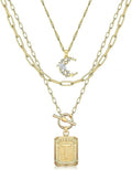 MJartoria Layered Initial Necklaces for Women Trendy, 14K Gold Plated Brass Simple Moon Choker Square Letter Pendant Necklace, Paperclip Chain Necklaces Jewelry Gifts