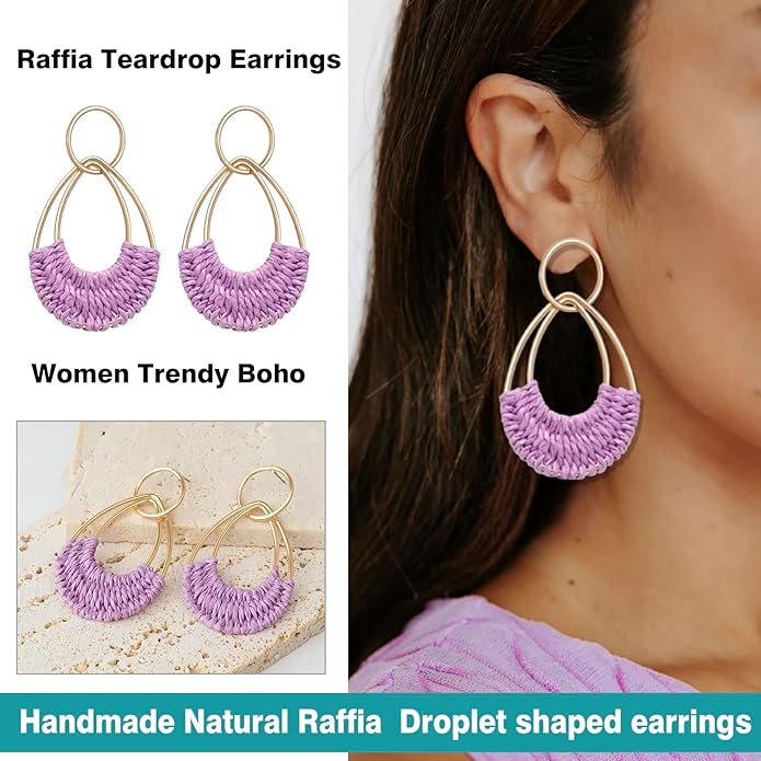 Raffia Hoop Earrings for Women Fun Boho Summer Beach Earrings Lightweight Handmade Straw Wicker Rattan Dangle Earrings Statement Geometric Round Drop Earrings