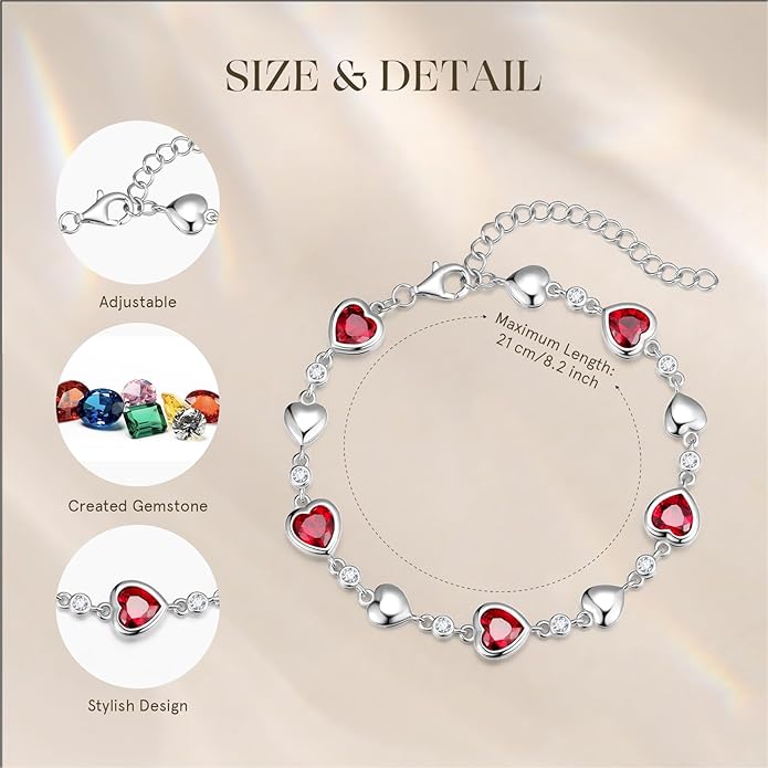 Carleen Birthstone Bracelets for Women 925 Sterling Silver Five Heart Station Created Gemstone Tennis Bracelet Jewelry Anniversary Birthday for Wife, 7"+1.2" Extender
