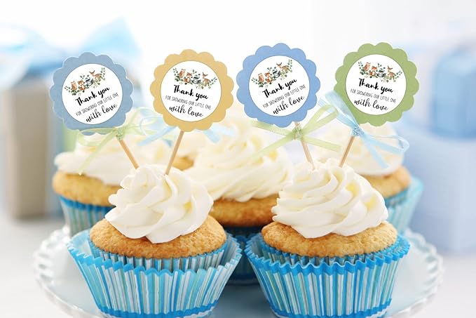 80 Pieces Thank You for Showering Our Little One with Love Woodland Creature Thank You Stickers, Baby Shower Birthday Party Decorate Watercolor Forest Woodland Animals Theme Label Decorations