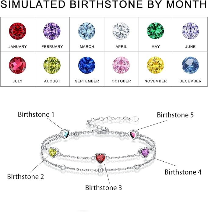 Birthstone Anklet/Bracelets for Women 925 Sterling Silver Charm Link Double Strand Heart Birthstone Jewelry Gift for Wife Women Mother's Day Gift