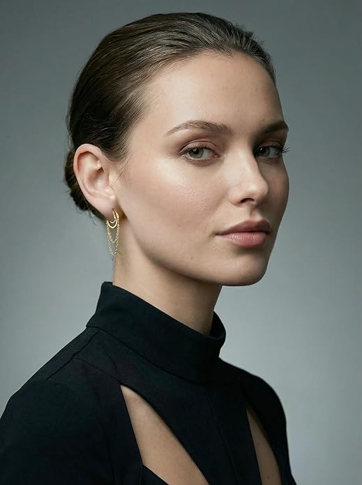FAN&LOUIS Gold Clip On Earrings for Women, 24K Gold Plated Small Hoop Dangle Chains Drop Trendy Hypoallergenic Non Pierced Earrings Painless Lightweight Clip-On Earrings