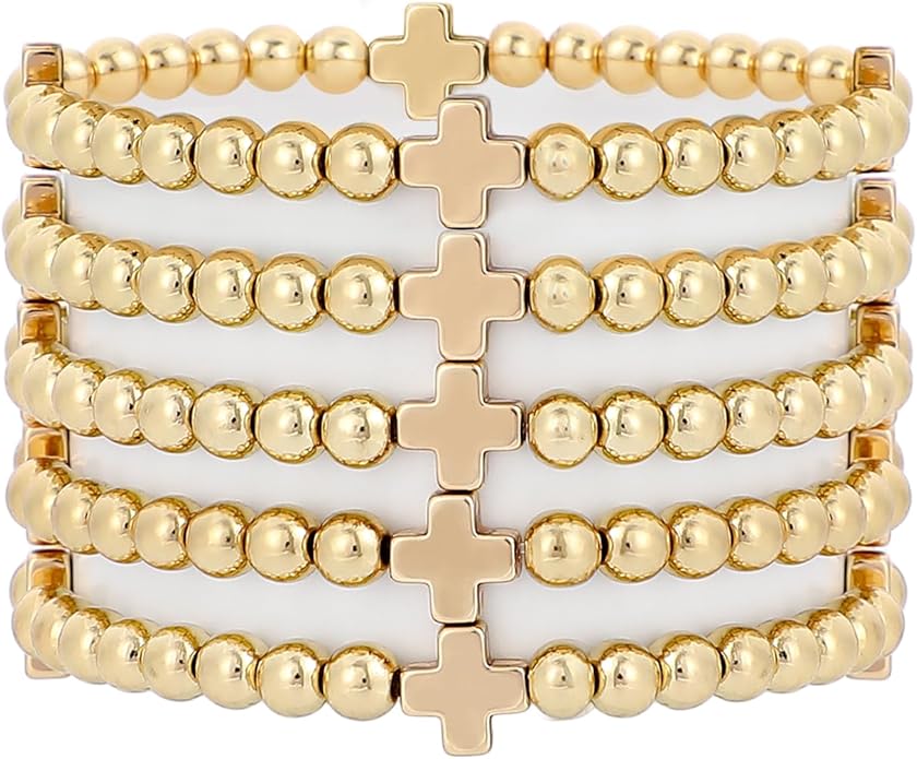 Gold Plated Beaded Bracelets for Women Trendy, 14K Gold Plated Stack Cross Pearl Gold Plated Bead Stretch Bracelets Set Elastic Hypoallergenic Bracelets Jewelry Gifts