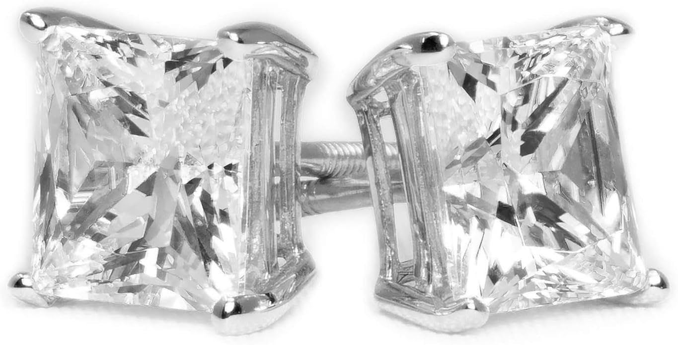 14K White Gold Moissanite Earrings Men & Women, Solid Gold Simulated Diamond and Lab Diamonds Studs for Men & Women, 1ct - 2ct Round, Princess, Heart, Halo Cut, Dangle, Lever or Screw Back Earrings, VVS1, D Color, Pink or Blue - Luxury Gift Box
