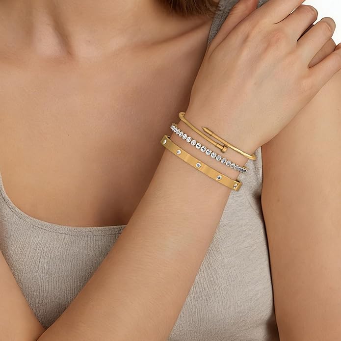 PCY Gold Bracelets For Women,3PC Bangle Gold Plated Bracelets For Women,Trendy Statement Cuff Stackable Bangles Set,Fashion Jewelry for Women.