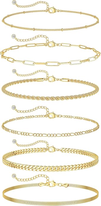 DEARMAY Dainty 14K Gold Plated Ankle Bracelets for Women, Waterproof 14K Gold Plated Link Chain Anklets Non Tarnish Set Pack Summer Beach Jewelry Gift