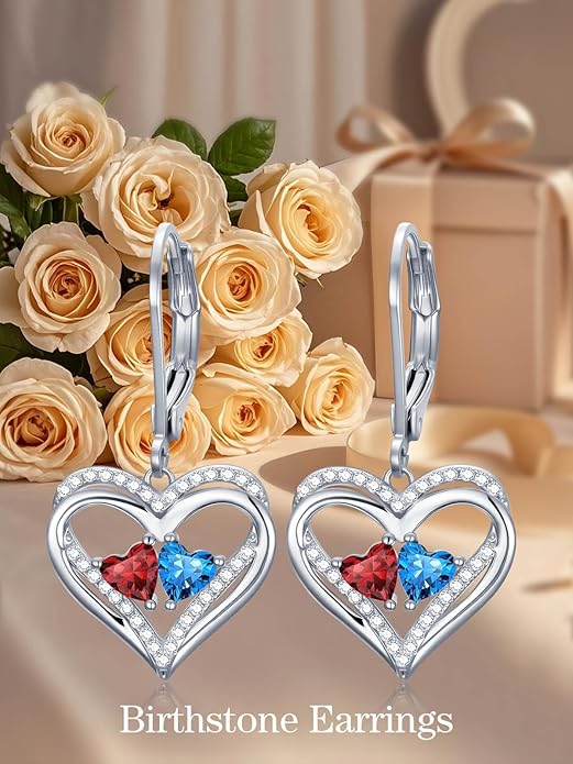 Valentines Day Gifts for Women, Heart Leverback Earrings Double Birthstone Dangle Earrings for Women, Love Jewelry for Her, Anniversary Birthday Gift for Mom Wife Girlfriend