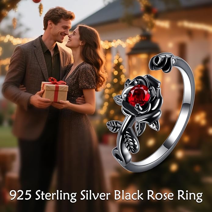 POPLYKE Rose Black Flower Ring For Women Sterling Silver Rings With CZ Jewelry For Women Promise Ring Adjustable Open Ring
