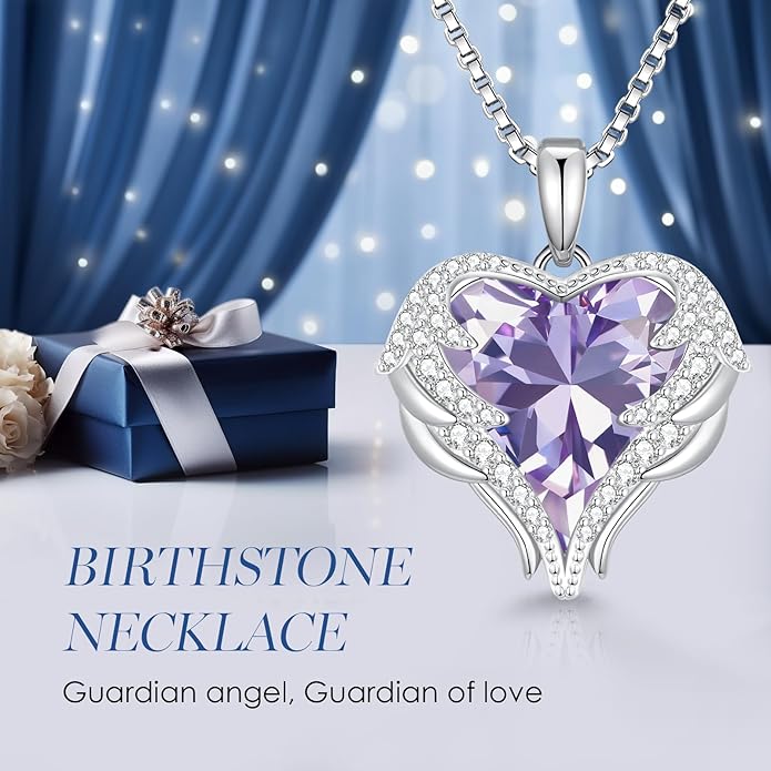 CDE Valentines Day Gifts for Women Angel Wings Necklace for Women with Birthstone, Love Heart Silver Tone/Gold Tone Pendant, Ideal Anniversary or Birthday Jewelry Gifts for Wife Girlfriend Her