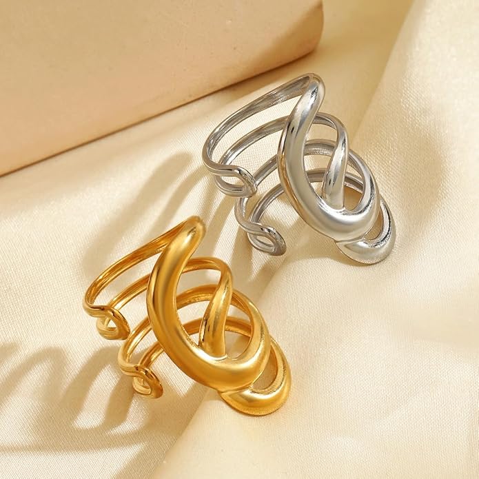 Chunky Rings For Women, Gold Silver Thumb Ring Asymmetrical Wavy Curve Ring Adjustable Non Tarnish Dainty Stainless Steel New Year Anniversary Birthday Jewelry Gift