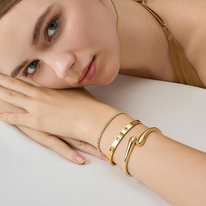 PDWZNBA 18K Gold-Plated Bracelet Set – Floral Clover, Tennis, Chunky Adjustable Twist Cuff, Classic Gold-plated Bangle Stainless Steel, Non Tarnish, Stackable Bracelet Gift for Women