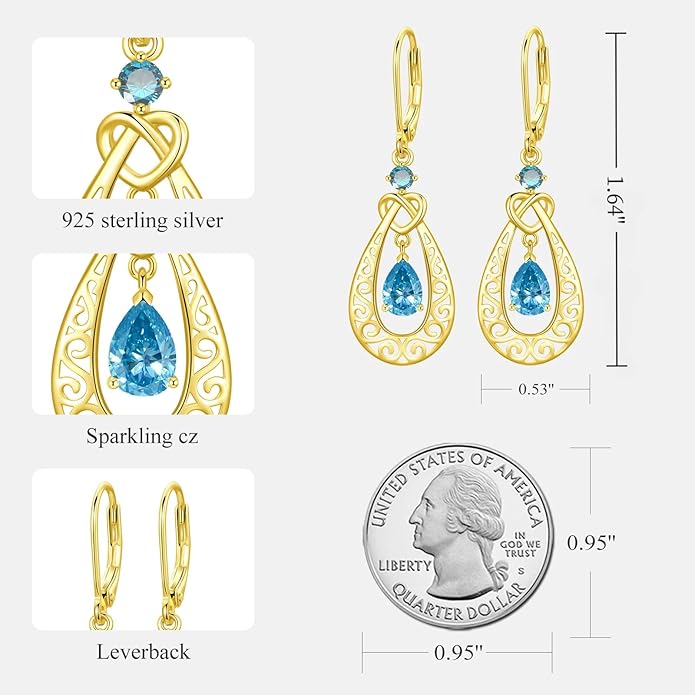 Teardrop Birthstone Dangle Drop Earrings Sterling Silver Infinity Filigree Leverback Earrings, Infinity Love Birthday Anniversary Valentines Day Gifts for Her Women Mom Wife