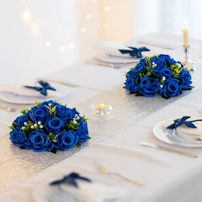 BLOSMON Royal Blue Flowers for Decoration: 10 Pcs Fake Roses Kissing Balls for - Image 2