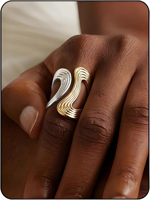 Chunky Rings For Women, Gold Silver Thumb Ring Asymmetrical Wavy Curve Ring Adjustable Non Tarnish Dainty Stainless Steel New Year Anniversary Birthday Jewelry Gift