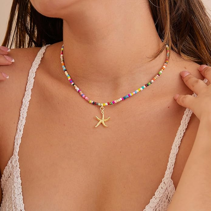 VRIUA Colorful Beaded Necklaces for Women – Summer Beach Boho Starfish, Conch, Shell, Pearl, Palm tree Pendant Necklace Jewelry