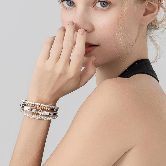 FANCY SHINY Boho Leather Wrap Bracelet Stackable Infinity Chunky Cuff Bracelets Western Hippie Outfits Jewelry Valentine Gifts for Women