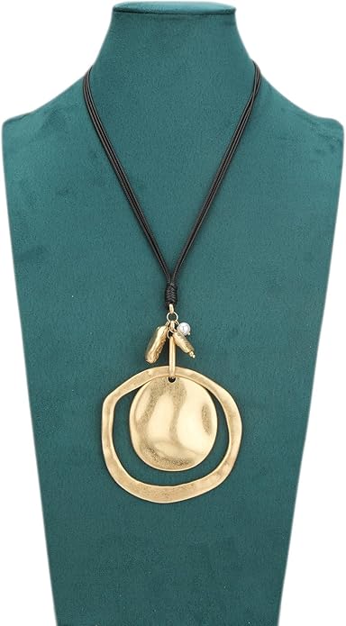 GelConnie Leather Necklace for Women Large Pendant Long Brown Necklace Circle Leather Choker Vintage Sweater Necklace Gold Chunky Boho Necklaces for Women