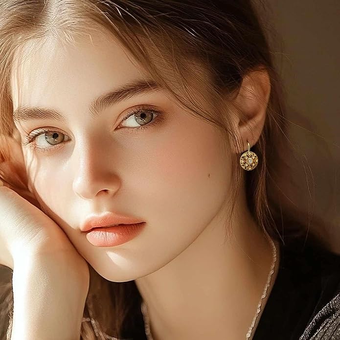 Eloqueen 14K Gold Drop Earrings Dangle Earrings for Women Leverback Dangle with Cubic Zirconia with Engraved Details 14K Gold Earring for Women 14/16mm