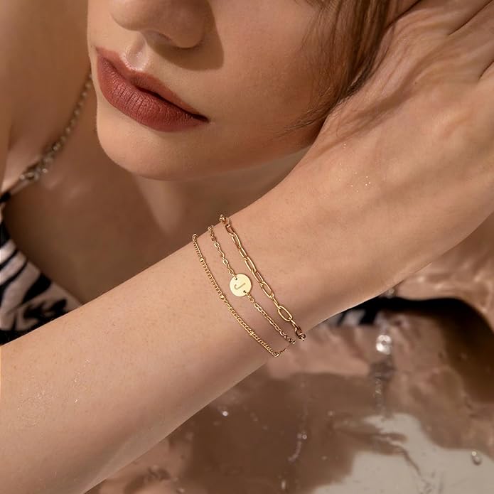 Valentines Day Gifts - Gold Initial Bracelets for Women - 18K Gold Plated over Stainless Steel Letter Charm Bracelet with Layered A to Z Design - Birthday Christmas Jewelry Gifts
