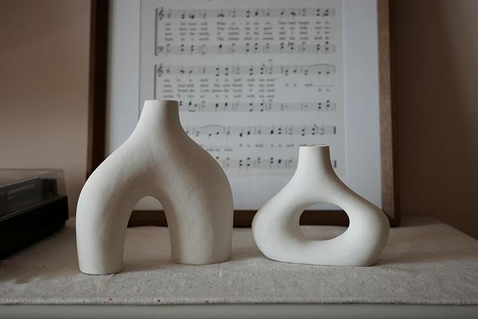 Carrot's Den Ceramic Modern Vase Set of 2, Donut Shelf Decor, Warm White | - Image 6