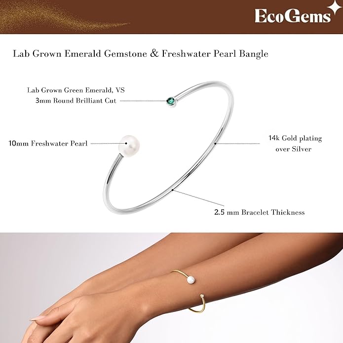 EcoGems Lab Grown Gemstone & Moissanite Bracelets – 14K White or Yellow Gold Plated Sterling Silver – Featuring Lab Grown Diamonds, Emeralds, Paraiba, Sapphire & Pearls – Sustainable Luxury Gift with Gift Box
