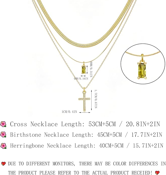 3Pcs Gold Layered Necklaces for Women, 14K Gold Plated Cross Necklace, Dainty Birthstone Necklace for Women, Herringbone Gold Necklaces Set, Stackable Women's Gold Pendant Necklaces Jewelry Set