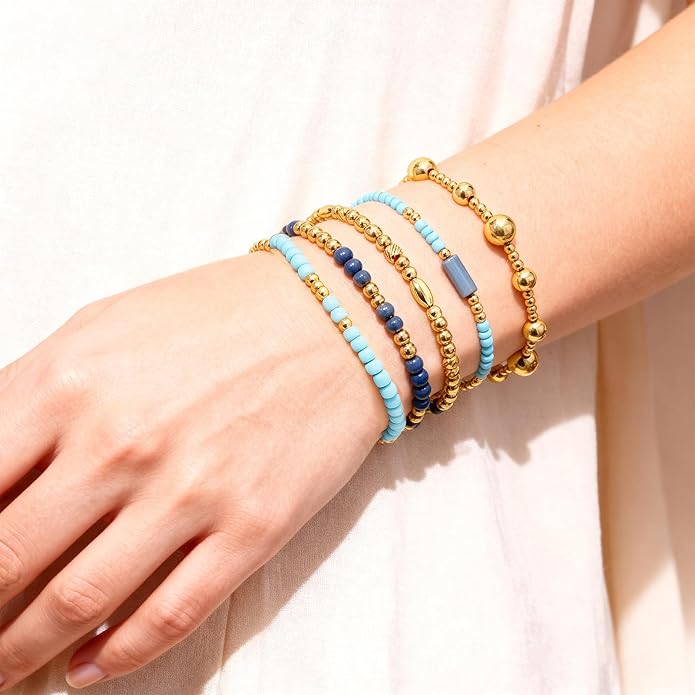 Gold Bracelets for Women Waterproof, 14K Gold Plated Beaded Cross Bracelets Set,Boho Stretch Bracelets Stackable Jewelry for Women Teenage Girls Jewelry Christmas Gifts